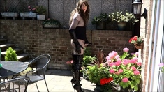 Sexy Transvestite In Thigh Boots Wanking In The Garden