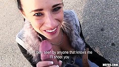 Brunette Euro cutie bares her boobies and eats his POV cock on the street